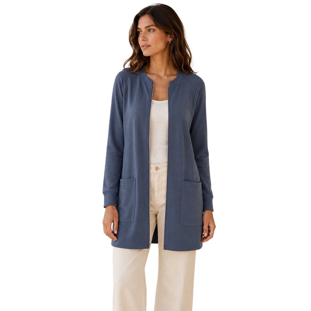 Soft Surroundings Skyline Full Zip Knit Jacket Patch Pockets Blue SZL